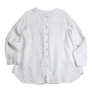 SIGRID OLSEN Linen White Long-sleeve V-neck Button-down Tunic Shirt Sz Large